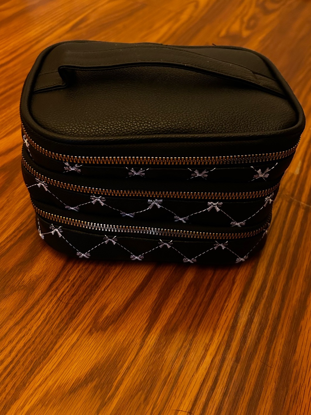 3-tiered Black Makeup Train Case with Top Handle, Inside Zippered Pocket, new